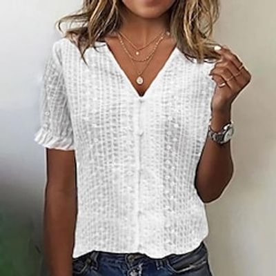 Women's Shirt Blouse White Plain Button Short Sleeve Casual Basic V Neck Regular Cotton S Lightinthebox
