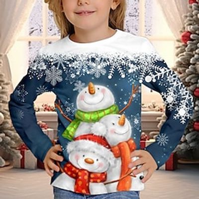 Christmas Girls' 3D Snowman Snowflake Tee Shirt Long Sleeve 3D Print Fall Winter Active Fashion Cute Polyester Kids 3-12 Years Crew Neck Outdoor Casual Daily Regular Fit miniinthebox