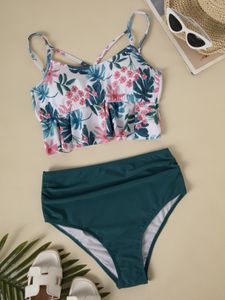 Random Floral Print Ruffle Hem Sleeveless Bikini Set