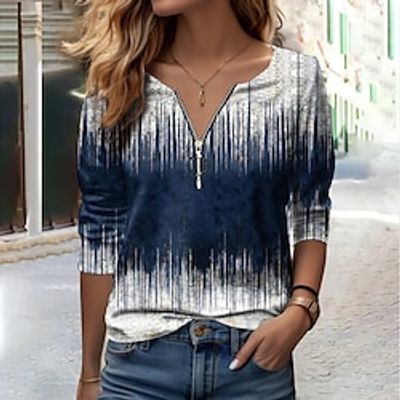 Women's T shirt Tee Red Blue Green Color Gradient Quarter Zip Print Long Sleeve Daily Weekend Fashion V Neck Regular Fit Painting Spring   Fall miniinthebox