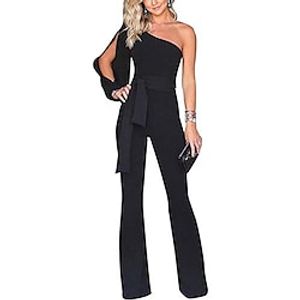 Women's Jumpsuit Solid Color One Shoulder Elegant Party Club Straight Regular Fit Long Sleeve Blue Purple Black S M L Spring Lightinthebox