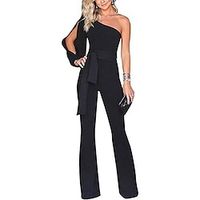 Women's Jumpsuit Solid Color One Shoulder Elegant Party Club Straight Regular Fit Long Sleeve Blue Purple Black S M L Spring Lightinthebox - thumbnail