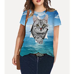 Women's Plus Size Tops T shirt Print Cat Graphic Animal Large Size Crewneck Short Sleeve Basic Big Size XL XXL 3XL 4XL 5XL Blue Lightinthebox
