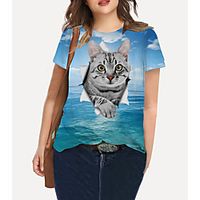 Women's Plus Size Tops T shirt Print Cat Graphic Animal Large Size Crewneck Short Sleeve Basic Big Size XL XXL 3XL 4XL 5XL Blue Lightinthebox - thumbnail