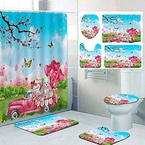 Valentine's Day Bathroom Deco 4 Pcs Shower Curtain Set Bathroom Sets Modern Home Bathroom Decor with Bath Mat U Shape and Toilet Lid Cover Mat and 12 Hooks miniinthebox