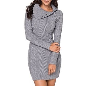 Women's Sweater Dress Sheath Dress Mini Dress Dark Gray Long Sleeve Pure Color Button Knit Winter Fall Shirt Collar Stylish Modern Fall Dress 2022 S M L XL XXL 3XL  Winter Dress Lightinthebox