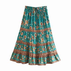 Women's Holiday Vacation Vintage Boho Skirts Floral Graphic Ruffle Print Blue Green Lightinthebox