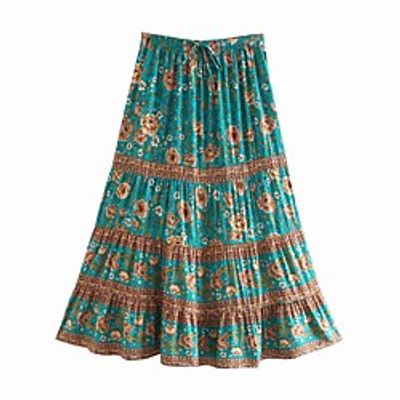 Women's Holiday Vacation Vintage Boho Skirts Floral Graphic Ruffle Print Blue Green Lightinthebox