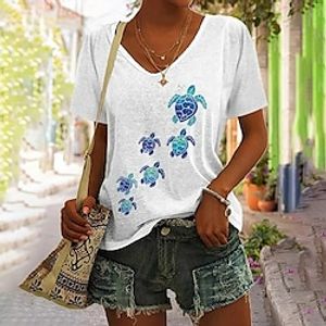 Women's T shirt Tee Black White Blue Ocean Print Short Sleeve Holiday Weekend Basic V Neck Regular Floral Painting S miniinthebox