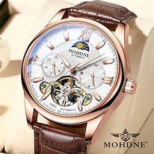MOHDNE Tourbillon Men Watch Luxury Rose Gold Case Fashion Three Eyes Automatic Mechanical Watch Leather Men's Watches miniinthebox