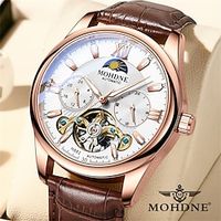 MOHDNE Tourbillon Men Watch Luxury Rose Gold Case Fashion Three Eyes Automatic Mechanical Watch Leather Men's Watches miniinthebox - thumbnail