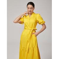 Yellow Cotton Cinched Waist Puff Sleeve Dress