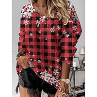 Women's Pullover Sweater Jumper Christmas Sweaters V Neck Ribbed Knit Polyester Print Knitted Fall Winter Regular Outdoor Christmas Going out Daily Stylish Casual Long Sleeve Plaid Black Wine Red S M miniinthebox - thumbnail