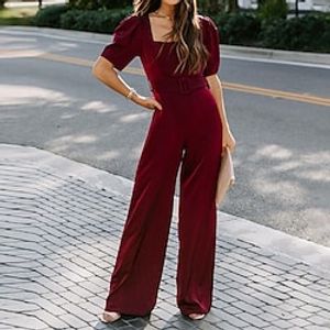 Women's Jumpsuit High Waist Solid Color Square Neck Streetwear Work Street Regular Fit Short Sleeve Wine S M L Winter miniinthebox