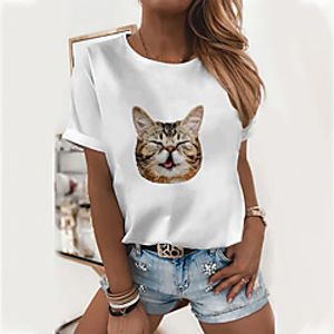 Women's 3D Cat T shirt Cat 3D Animal Print Round Neck Basic Tops Cotton White Brown miniinthebox