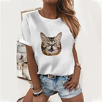 Women's 3D Cat T shirt Cat 3D Animal Print Round Neck Basic Tops Cotton White Brown miniinthebox - thumbnail
