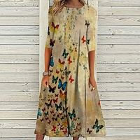 Women's Casual Dress Shift Dress Swing Dress Midi Dress Camel Brown Khaki 3/4 Length Sleeve Geometric Ruched Summer Spring Crew Neck Fashion 2023 S M L XL XXL 3XL miniinthebox - thumbnail