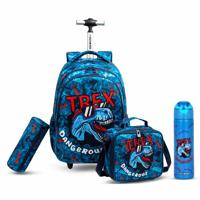 Eazy Kids 18Inch Set Of 4 Trolley School Bag With Stainless Steel 640Ml Water Bottle Lunch Bag And Pencil Case - Trex Dinosaur - Blue