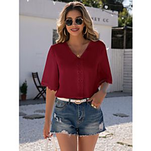 Women's T shirt Plain Lace Trims V Neck Basic Fashion Tops White Black Wine Lightinthebox