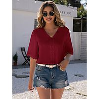 Women's T shirt Plain Lace Trims V Neck Basic Fashion Tops White Black Wine Lightinthebox - thumbnail