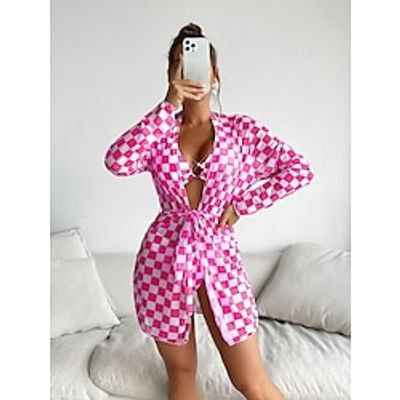3pcs Halter Neck Bikini Set for Women Boho Cover ups Vacation Swimsuit Fashion Pink Plaid bikinis Three Piece Beach Wear miniinthebox