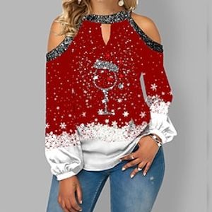 Women's Shirt Green Black Blue Graphic Snowflake Cut Out Print Long Sleeve Christmas Casual Basic Christmas Round Neck Regular Lantern Sleeve S Lightinthebox