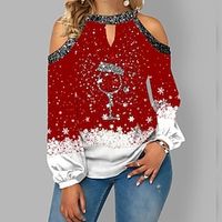 Women's Shirt Green Black Blue Graphic Snowflake Cut Out Print Long Sleeve Christmas Casual Basic Christmas Round Neck Regular Lantern Sleeve S Lightinthebox - thumbnail