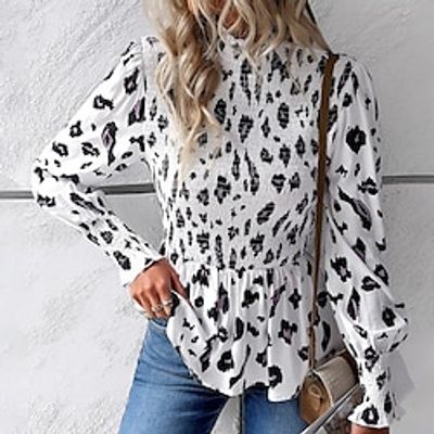 Women's Henley Shirt Tencel White Plain Print Long Sleeve High Neck Form Fit Portrait Bell Sleeve Fall  Winter Lightinthebox