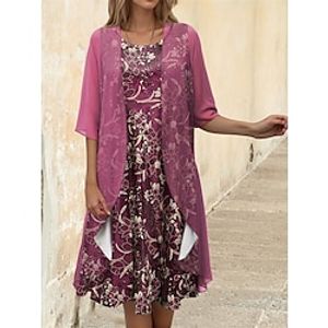 Women's Two Piece Dress Set Casual Dress Chiffon Dress Outdoor Holiday Fashion Modern Print Midi Dress Crew Neck Half Sleeve Floral Loose Fit Blue Purple Fuchsia Spring S M L XL XXL Lightinthebox