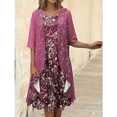 Women's Two Piece Dress Set Casual Dress Chiffon Dress Outdoor Holiday Fashion Modern Print Midi Dress Crew Neck Half Sleeve Floral Loose Fit Blue Purple Fuchsia Spring S M L XL XXL Lightinthebox
