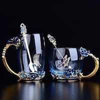 1pc Glass Cup Rose Enamel Crystal Tea Cup, Coffee Mug, Tumbler Butterfly Rose Painted Flower Water Cups, Clear Glass With Spoon Set Lightinthebox - thumbnail