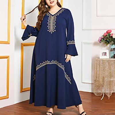 Women's A Line Dress Maxi long Dress Navy Blue Long Sleeve Floral Embroidered Summer V Neck Elegant Vintage Muslim 2021 M L XL XXL 3XL 4XL Lightinthebox