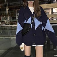 Women's Cardigan Classic Style Square Check Active Casual Long Sleeve Loose Sweater Cardigans V Neck Fall Winter Shallow Khaki Blue  Holiday Lightinthebox - thumbnail