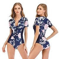 Women's Rash Guard One Piece Swimsuit UV Sun Protection Breathable Quick Dry Short Sleeve Bodysuit Bathing Suit Front Zip Swimming Surfing Beach Water Sports Floral Summer / Stretchy / Lightweight miniinthebox - thumbnail