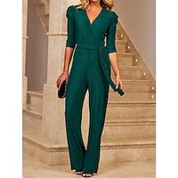 Women's Jumpsuit High Waist Solid Color V Neck Streetwear Office Work Regular Fit 34 Length Sleeve Green S M L Summer Lightinthebox - thumbnail