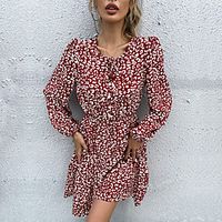Women's A Line Dress Knee Length Dress Wine Long Sleeve Floral Lace up Print Fall Round Neck Casual 2021 S M L XL miniinthebox - thumbnail