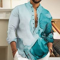 Graphic Ink Painting Comfortable Fashion Casual Men's Shirt Button Up Shirt Casual Shirt Holiday Vacation Casual Daily Spring   Fall Henley Long Sleeve Light Blue, Blue, Green S, M, L Polyester Shirt Lightinthebox
