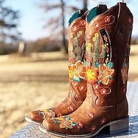 Women's Boots Cowboy Boots Plus Size Outdoor Work Daily Color Block Knee High Boots Rivet Embroidery Block Heel Chunky Heel Square Toe Elegant Vintage Fashion PU Zipper Brown Beige miniinthebox