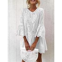 Women's Linen Dress Cotton Summer Dress White Cotton Dress Mini Dress Eyelet Daily Vacation V Neck 3/4 Length Sleeve Summer Spring White Yellow Plain Lightinthebox