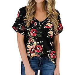 Women's T shirt Tee Floral Leopard Camo Casual Daily Print Black Short Sleeve Vintage Ethnic V Neck Summer Lightinthebox