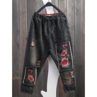 Elastic Waist Embroidery Jeans - thumbnail