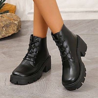 Women's Boots Platform Boots Combat Boots Daily Booties Ankle Boots Flat Heel Minimalism Faux Leather Lace-up Solid Color Black miniinthebox
