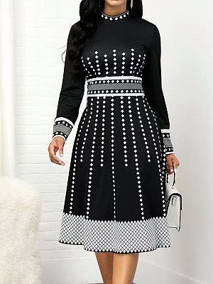 Women's Retro Print Long Sleeve Slim Dress Women's Retro Print Long Sleeve Slim Dress