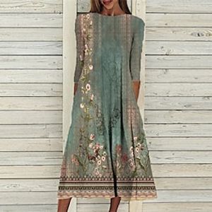 Women's Casual Dress Shift Dress Midi Dress Green Blue Gray 3/4 Length Sleeve Floral Ruched Print Fall Winter Round Neck Vacation Casual 2022 S M L XL XXL 3XL miniinthebox