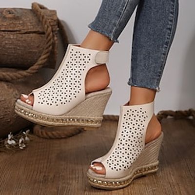 Women's Sandals Wedge Sandals Daily Platform Peep Toe Casual Faux Leather Magic Tape Black Beige Lightinthebox