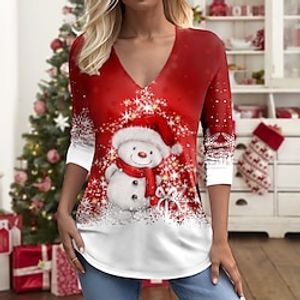 Christmas Shirt Women's T shirt Tee Snowman Red Blue Purple Print Long Sleeve Christmas Weekend Festival  Holiday V Neck Regular Fit Spring   Fall Lightinthebox