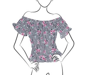Ladies Knit Crepe Off the Shoulder Asymmetrical Ruffle Hem & Ruffle Sleeve Top Rose/White combo Ladies Knit Crepe Off the Shoulder Asymmetrical Ruffle Hem & Ruffle Sleeve Top Rose/White combo
