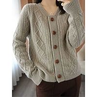 Women's Cardigan Crew Neck Cable Knit Polyester Button Knitted Fall Winter Short Outdoor Daily Going out Stylish Casual Soft Long Sleeve Solid Color Camel Brown Apricot One-Size Lightinthebox - thumbnail
