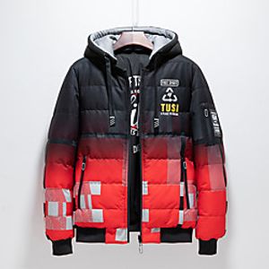 Men's Parka Daily Fall Winter Regular Coat V Neck Regular Fit Windproof Rain Waterproof Warm Casual Jacket Long Sleeve Geometric Letter Quilted Print Blue Gray Red Lightinthebox