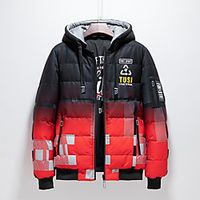 Men's Parka Daily Fall Winter Regular Coat V Neck Regular Fit Windproof Rain Waterproof Warm Casual Jacket Long Sleeve Geometric Letter Quilted Print Blue Gray Red Lightinthebox - thumbnail